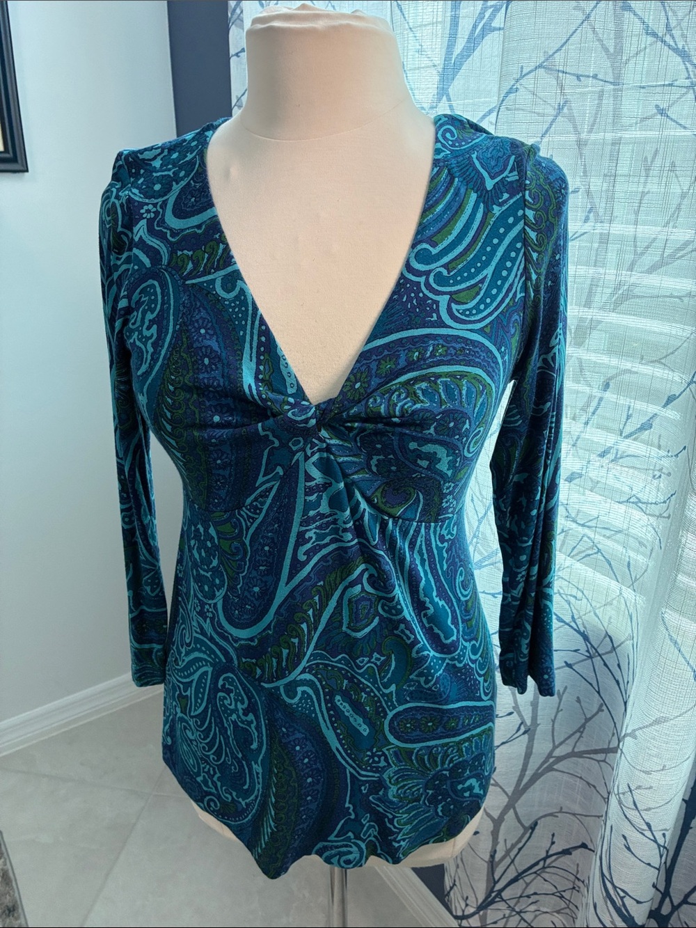 Tommy Bahama Teal Paisley Twist-Front V-Neck Top